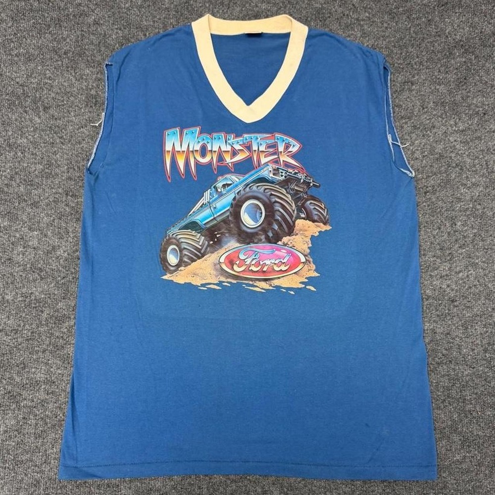 Vintage 70s Sportswear Ford Monster Truck Tank Top Shirt Blue Mens L XL